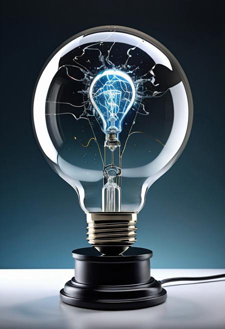 Salvador Dali-inspired digital painting, light bulb encasing an antique head in a stylistically spherical glass enclosure, centrally positioned against a backdrop of ethereal splashes, silver screw base at bottom right, filament extending diagonally, creating a futuristic and innovative mood, otherworldly atmosphere, metallic components emphasized, filament as narrative element, digital render, ultra fine, dramatic lighting.