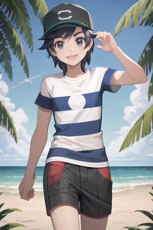 masterpiece, best quality, <lora:Elio:0.8>, elio \(pokemon\), striped shirt, baseball cap, black shorts, smile, tropical, ...