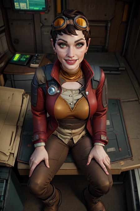 tannis, short brown hair, green eyes,
goggles on head, red jacket, tan shirt, earrings , brown footwear, pants, 
upper body,  smile,  looking at viewer, sitting, 
spaceship,  medical room,  rusty,  from above, 
 (insanely detailed, beautiful detailed face, masterpiece, best quality) 
 <lora:tannis:0.7>