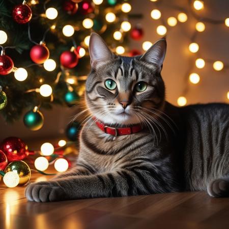 photography very realist cat playing with lots of Christmas lights and Christmas balls around him, Christmas decor background