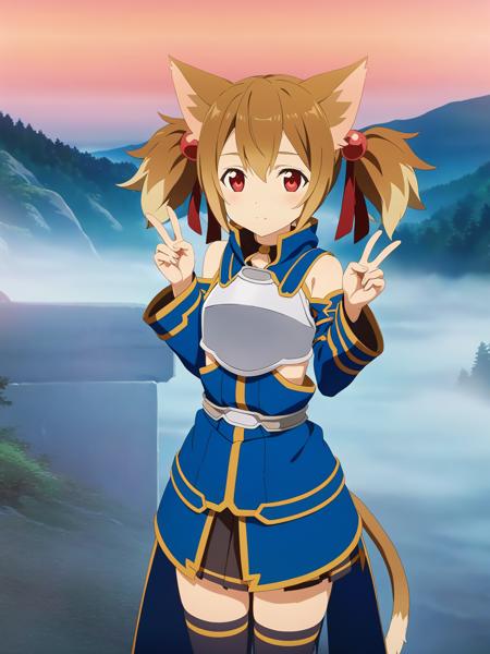 silicaalo, brown hair, short twintails, red eyes, cat ears, cat tail, armor, pleated skirt, thighhighs, bare shoulders, breastplate, hair ribbon, 1girl, solo
BREAK
double v, standing, outdoors, mountain pass, twilight, fog, depth of field, cinematic, game cg, anime screencap, official art, masterpiece, best quality
<lora:dssilica_a3b:1>