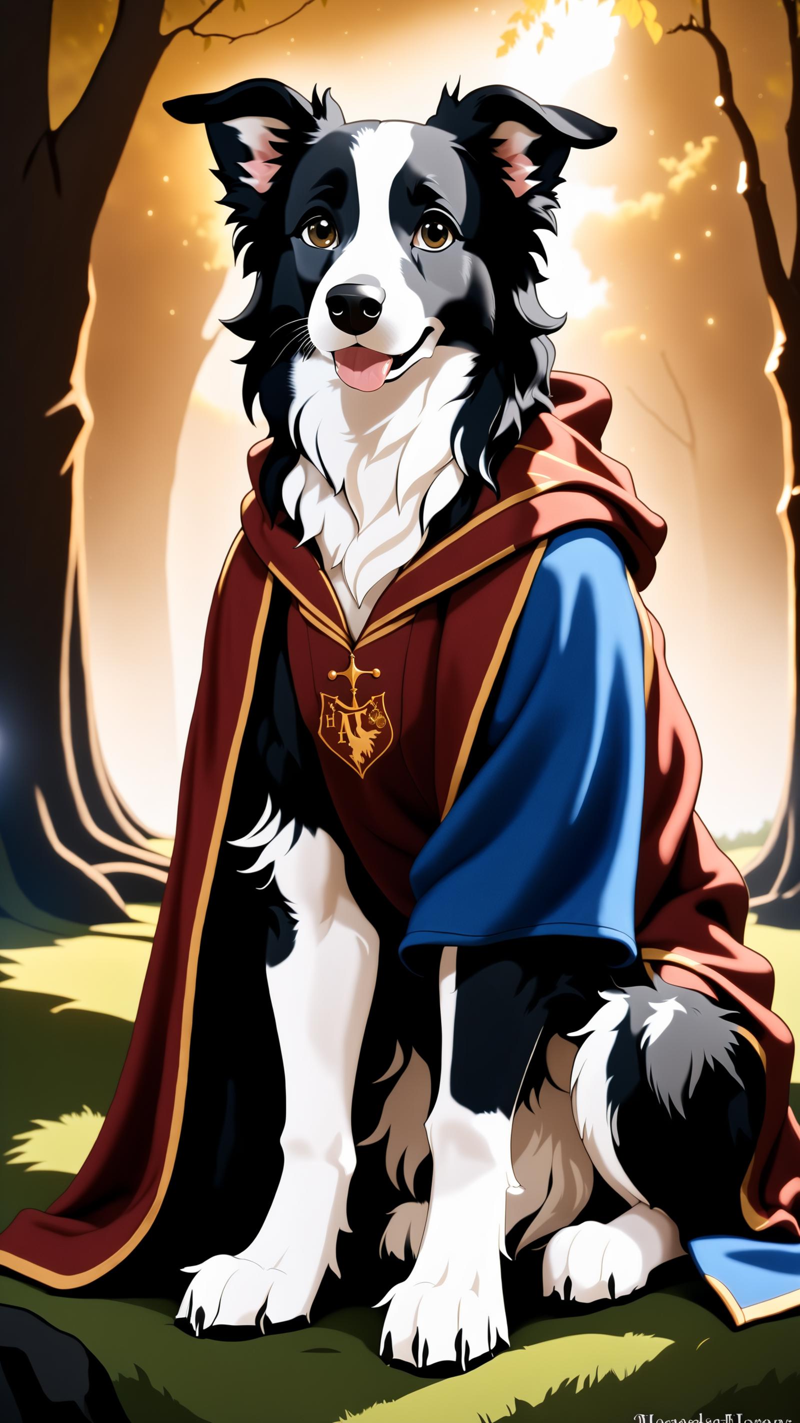 A black and white dog wearing a blue and red cape with a crest.