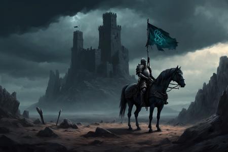 A digital painting depicting a dark and sinister landscape inspired by the Dark Souls and Grimdark aesthetic. A solitary knight mounted on a horse is holding a weathered flag, standing before a malevolent ancient tower. The tower is etched with mysterious, luminous runes and encircled by floating, ominous rocks. Overhead, the sky churns with oppressive clouds hinting at an approaching storm. The terrain is harsh, strewn with sharp rocks, and permeated with a sense of desolation. The color scheme is dominated by dark grays, deep blues, and intermittent flashes of teal from the glowing runes. The digital art style should be detailed and atmospheric, with strong contrasts, intricate textures, and a palpable sense of decay and forgotten lore.