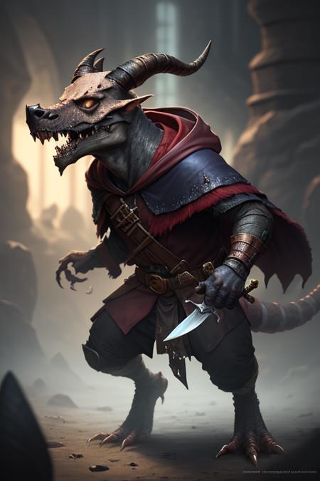 High quality, masterpiece ,volumetric lighting, rogue, cloak, hood, kobold, snout, horns, claws, tail, scales, fangs, feathers, tribal <lora:KoboldsDND-9:0.8>, knives, skull, helmet,