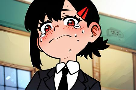 kobeni higashiyama, black hair, hair ornament, hairclip, mole, mole under eye, ponytail, short hair, (brown eyes:1.0), black necktie, black pants, business suit, sweat, blush, tears, crying, long sleeves, suit, looking down, looking at viewer, PatheticTestEight, pathetic \(meme\, wide angle, patheticasukastyle, patheticsimpsonstyle, masterpiece, best quality