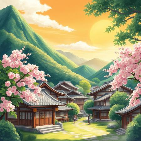 A serene anime-inspired village scene set amidst lush green mountains, with traditional Japanese-style houses featuring curved tiled roofs, paper lanterns, and sliding doors made of natural wood, surrounded by lush trees with blooming cherry blossoms in shades of pink and white, against a warm sunny sky with a few wispy clouds, rendered in a vibrant watercolor style with bold brushstrokes and delicate textures, evoking a sense of tranquility and harmony with nature, with maybe a few villagers in the distance, dressed in traditional attire, going about their daily lives, with subtle hints of mist and fog hovering around the village, giving it an enchanting and mystical atmosphere.