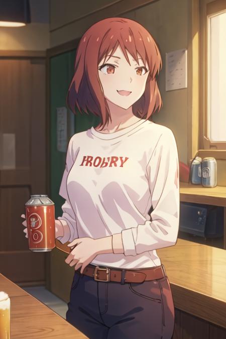 best quality, masterpiece, highres, solo, {sengoku_chihiro_sakurasounopetnakanojo:1.15}, short_hair, red_hair, brown_hair, brown_eyes, red_eyes, 1girl, can, holding, shirt, beer_can, holding_can, open_mouth, upper_body, :3, indoors, smile