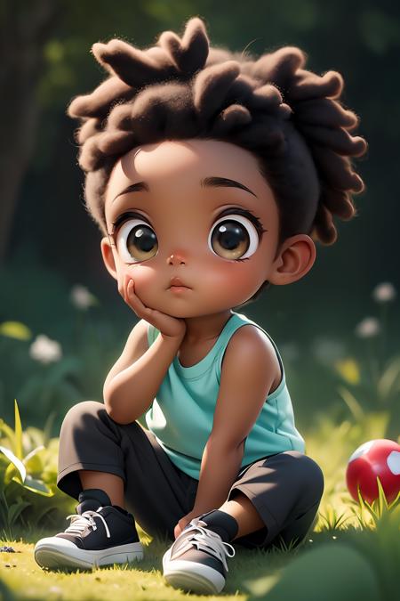 chibi, masterpiece, best quality, original, official art,full body, realistic portrait of cute African American baby ((dark brown skin color)), big eyes, sitting playing with a ball,grass, wearing tank top, black pants and black shoes, current fashion, kanekalon style hair,close-up, product view, detailed facial details, perfect face, sharpness, trend art, sharp facial details,  neon lighting,blurred background,<lora:GoodHands-beta2:1>, cartoon rendering,