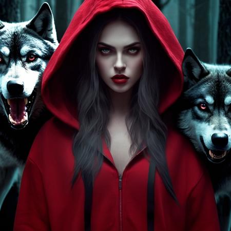 Dark Fantasy Art of  <lora:Little Red Riding Hood:1.2> Cinematic Film Scene
Little Red Riding Hood a woman in a red hoodie and three demon wolfs, dark, moody, dark fantasy style