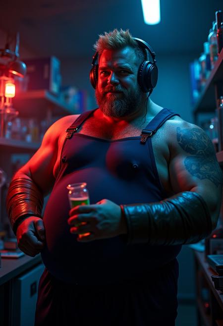 extremel detailed raw nighttime night photograph, character in dark shadows neonlit rimlight,  arthouse romance film scene, cinematic atmosphere dark gloomy atmosphere, hyperrealistic digital rennaissance oil painting, by gengoroh tagame and jiraiya and goh fujimoto, dark room at night, german bavarian mature manly hairy musclechub man, huge muscular steroid arms, tanned sweaty oiled skin, big hairy belly, very hairy body, detailed bodyhair, blonde brown short hair, in evil scifi hypermodern science lab full of advanced machinery, he is holding a vial with glowing red liquid, dark purple and orange neonlights, he exudes a powerful dark aura, he is wearing a dark blue fullbody overall, brown leather bracers, big hightech headphones, heavy metal rock musci vibes, looking at the viewer with a shy cute loving caring expression, gentle smile