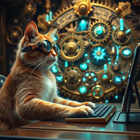 A ginger cat, wearing aviator googles, sits at a table with its paws tapping the keyboard, behind him, filling the room, a marvellously intricate steampunk quantum computer, a fusion of Victorian elegance and futuristic technology. Gears gleam in polished brass, interwoven with elaborate clockwork mechanisms and glowing crystals pulsating with otherworldly energy. This striking image, envisioned as a high resolution digital image, showcases the machine's ornate design and cutting-edge functionality. Every detail is meticulously rendered, creating a visually stunning masterpiece that captivates the viewer with its intricate beauty and technological brilliance.