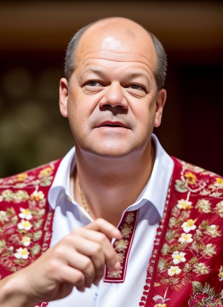 (masterpiece, best quality, awards winner) close up portrait Olaf Scholz German Chancellor dressed in embroidered shirt sing song, (floral embroidery, floral print, pointing)t, epic character composition, by ilya kuvshinov, alessio albi, nina masic, sharp focus, natural lighting, subsurface scattering, f2, 35mm, film grain,
 <lora:olaf:1>  <lora:edgVyshivanka:0.7>