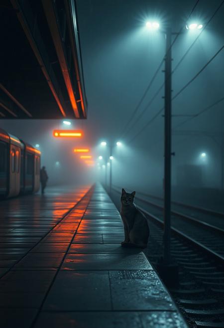 (Soft Lighting Photography by Mimoza Veliu and Mario Giacomelli:1.2),  a cat
sitting, train station platform, high train station, night sky, surrounded by mist and light rain, fog, (orange neon lights), wet surfaces, railway tracks, utility pole, power lines, 
melancholic atmosphere, cinematic composition, loneliness, soft lighting, moody
wide shot,