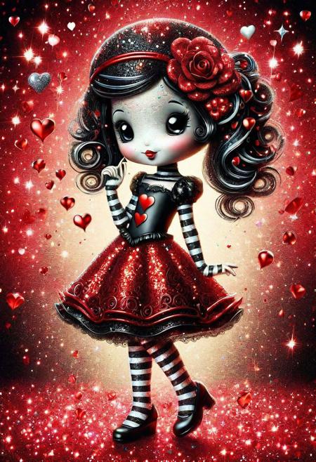 greeting card style captures valentines essence, hyper detailed chibi latina woman,  kawaii, black , redglitter pastel watercolor, in the style of Gorjuss, Joan Walsh Anglund,soft-focus and diffused lighting akin to Paolo Roversi, imbued with Tim Burton's macabre touch, Kris Kuksi-like intricate background detail, digital painting, ultra-detailed, cinematic.