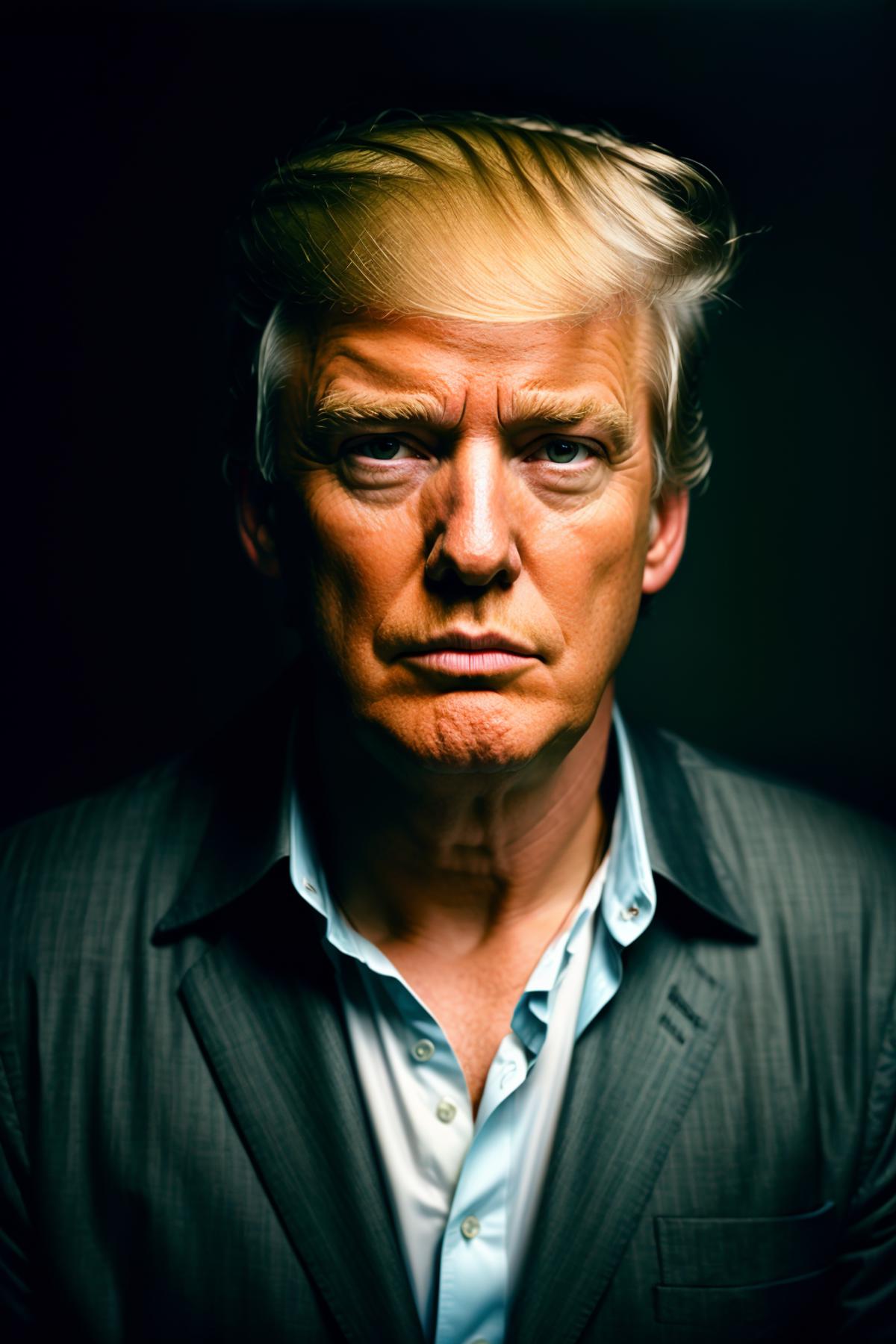 (close up, editorial photograph of Donald Trump man), wearing a shirt and pants, (highly detailed face:1.4) (smile:0.7) (b...