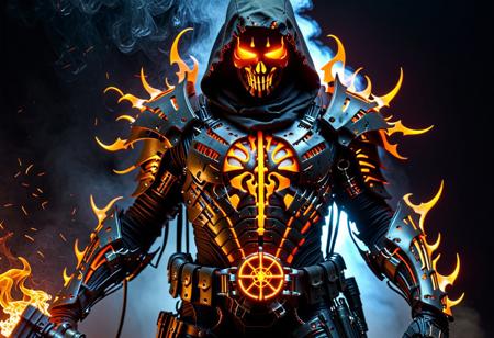 dark rugged realm, phantom warrior emerges from the shadows, clad in tattered black cyberpunk armor, etched with fiery orange circuitry, like a dark mechanical specter, The figure's face is shrouded in an impenetrable black hood, with only two blazing orange optics piercing the darkness, like hot coals from a malevolent forge, The armor is shifting and writhe like living darkness, with orange neon-like energy bleeding from the cracks,