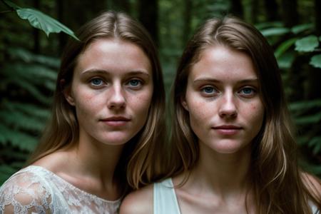 hyper realistic photograph, film grain, Kodak portra 800, f1.8, close up of two beautiful 18yo danish women,  walking through a dense forest, haze,  fog, dim diffuse light, detailed faces, beautiful faces, beautiful eyes, piercing eyes, gaunt, tired, dehydrated, crazy smile, unhinged, psychopathic