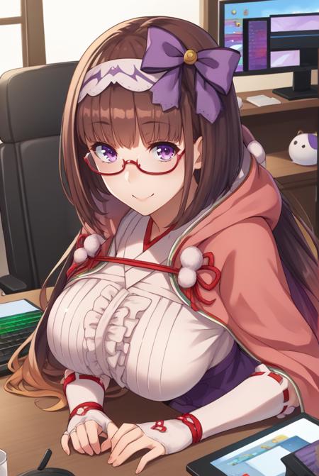 Osakabehime_Default, purple eyes, brown hair, very long hair, hair bow, gradient hair, glasses, red-framed eyewear, semi-rimless eyewear, hairband, frilled shirt, purple skirt, hooded cloak, arm warmers, fingerless gloves Osakabehime_Swimsuit, purple eyes, brown hair, very long hair, hair bow, gradient hair, swimsuit, bikini, pink bikini, goggles, goggles on head, pink scarf, thigh holster, thigh strap