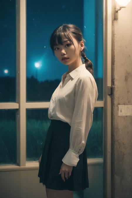 a girl standing alone in front of an old,shabby,unlit transit station in a deserted countryside on a dark night,film grain,depth of field,analog film style,vivid color,1girl,slender body,full body,beautiful eyes,beautiful symmetrical face,ponytail,bangs,blouse,skirt,fog,(night, dark, dark photo, grainy, dimly lit:1.3),(masterpiece:1.2),best quality,high quality,(realistic),(absurdres:1.2),UHD,ultrarealistic,noise,<lora:JPfilmColor_Heavy_grain:0.5>,