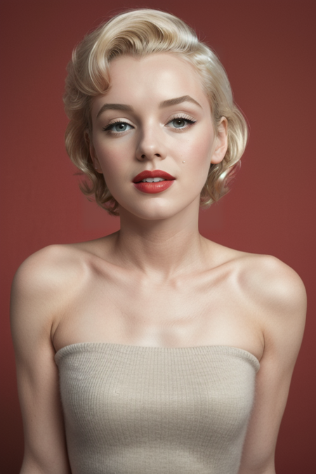 MarilynMonroe, razored combover bob haircut, ((red lipstick)), ((slim, fit, lanky, coltish:1.3)), cashmere sweater, luxury, looking at viewer, Hasselblad H6D, 80mm portrait, natural lighting, oiled skin, perfect eye blush, slightly open mouth, long eye lashes, <lora:epiCRealismHelper:0.2>, <lora:hairdetailer:0.3>, ((basic red backdrop:1.3)), detailed skin texture, (blush:0.5), (goosebumps:0.5), subsurface scattering, RAW candid cinema, 16mm, color graded portra 400 film, remarkable color, ultra realistic, textured skin, remarkable detailed pupils, realistic dull skin noise, visible skin detail, skin fuzz, dry skin, shot with cinematic camera