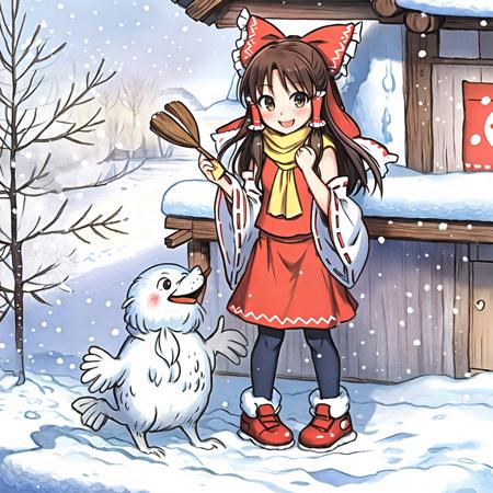 masterpiece, best quality, highly detailed, sut, full body, (1girl, solo, hakurei reimu:1.4), happy, smiling, (scarf), winter, snow, sunny day <lora:suteev_v3-000010:1>