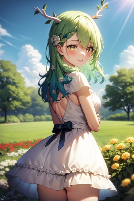 masterpiece, best quality, absurdres, perfect anatomy, 1girl, solo,Ceres Fauna, antlers, long hair, hair flower, braided bangs, from behind, sundress, yellow sundress, garden, day, sunshine, smile, looking back