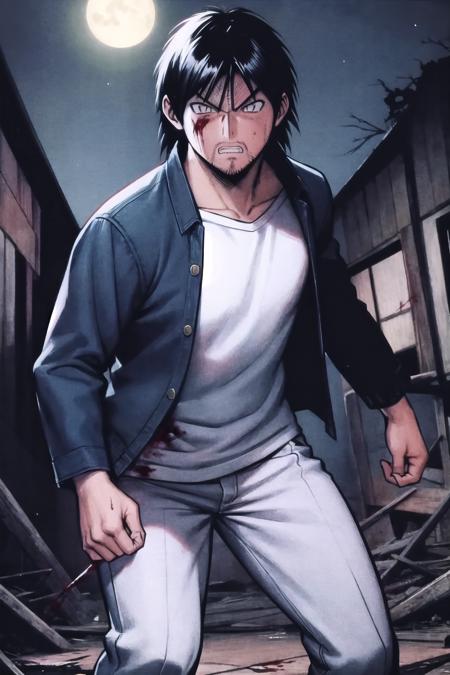 akira_miyamoto, 1boy, black hair, short hair, white pupils, stubble jacket, long sleeves, shirt, pants