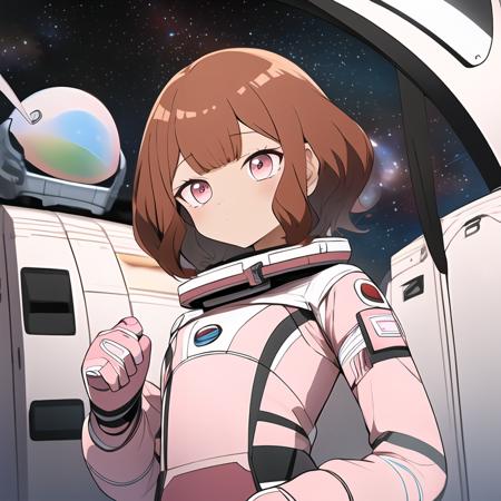 <lora:MimiAtachi-05:1>, (extremely detailed:1.3),(highly detailed:1.2),(best quality:1.2),(masterpiece:1.2), MimiAtachi, 1girl, solo, brown hair, short hair, pink eyes, space helmet, pink space suit, space, long sleeves,