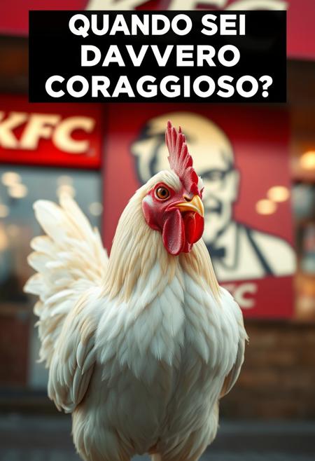 “A realistic, detailed chicken standing confidently in front of a KFC restaurant. The chicken has bright feathers, a sharp gaze, and a proud stance as if aware of its surroundings. The KFC logo is visible in the background, slightly blurred for depth. The scene is captured in a cinematic style with balanced lighting, slightly warm tones, and a shallow depth of field. The image should have high detail in the feathers and a slightly humorous undertone, emphasizing the irony of the setting. Overlay text in bold white font with black outline at the top: ‘QUANDO SEI DAVVERO CORAGGIOSO’.”