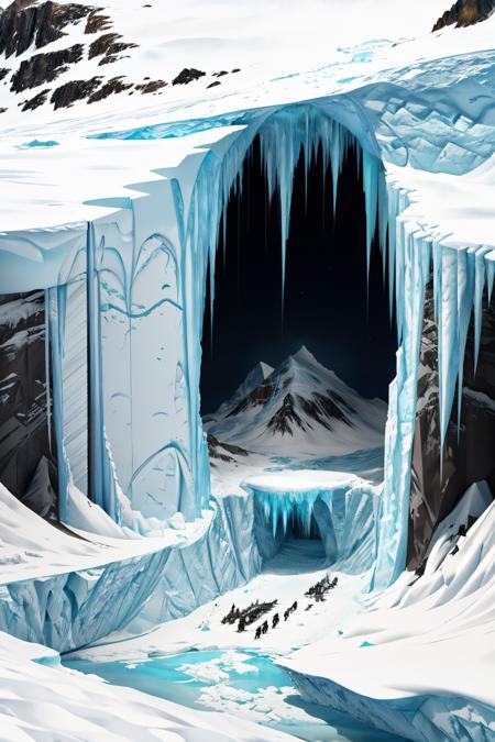 csu, cross-section, side view, Antarctica, snow and ice, mountains above the surface, ice caves, underground, cutaway, <lora:Cross_section_underground-000007:1>, masterpiece, best quality, CG, wallpaper, HDR, high quality, high-definition, extremely detailed