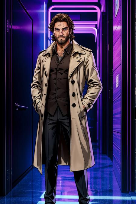 <lora:bigby-07a:0.5>, bigbyTWAS_soul3142, purple theme , 1man, facial hair,  beard, trench coat, pants, standing, black pants, looking at viewer,