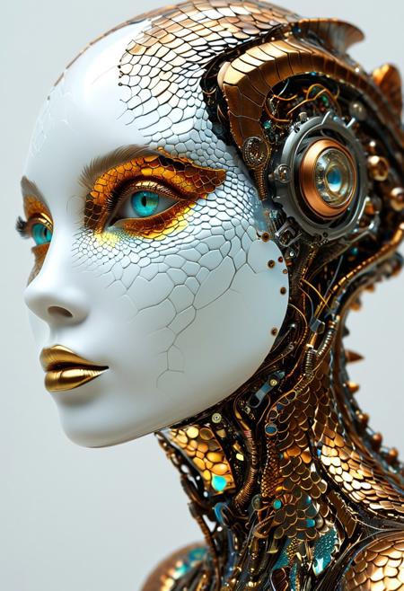 Behold the captivating union of human and reptilian essences. A robotic being's scaly head mesmerizes against a pristine white background, and its otherworldly eyes enthrall the viewer.
Experience a woman's enchanting metamorphosis, as she reveals a metallic body covered in copper and bronze scales that shimmer with a mysterious iridescence.
Mirrors and fabrics contribute to an otherworldly atmosphere, while the piece incorporates steampunk design elements to create a seamless blend of futuristic aesthetics. Explore the ever-changing dimensions of reality, as you delve into the enigmatic world of this mesmerizing artwork.