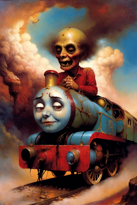 fantasy illustration, by Ray Caesar, oil painting,((thomas the train)), in hell, beksinski, lowbrow, lowbrow art, 
Negative prompt: popskull_neg_v5, (cutout, sharp lines, fine-liner, HDR, contrasted, 3d render, bad composition, bad Anatomy, morphing, )
Steps: 20, Sampler: DPM++ 2M SDE Karras, CFG scale: 6, Seed: 3052281328, Size: 512x768, Model hash: cf48ef63a0, Model: PopSkull06.fp16, Denoising strength: 0.4, Hires upscale: 2, Hires upscaler: 4x_NMKD-DigArt_10k, Eta: 0.8, Version: v1.7.0