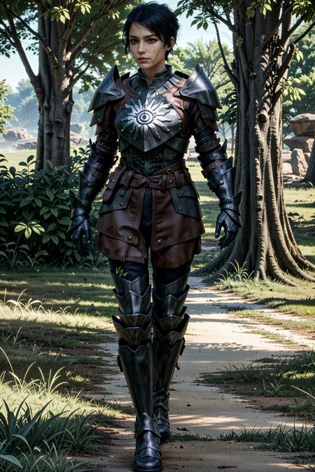 CassandraDA, 1girl, solo, armor, black hair, realistic, boots, gloves, looking at viewer, full body, outdoors, standing, tree, shoulder armor, grass
<lora:epi_noiseoffset2:1>,   <lora:CassandraDA :0.7>