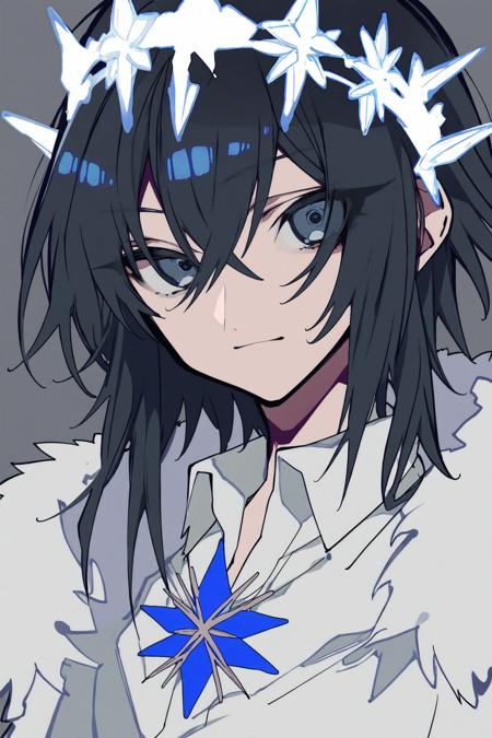 best quality, hoodxart, by mochizukikei, best quality, oberon \(fate\), 1boy, solo, male focus, crown, shirt, white shirt, looking at viewer, fur trim, bangs, black hair, official alternate costume, collared shirt, medium hair, closed mouth, simple background, alternate hair color, blue eyes, upper body