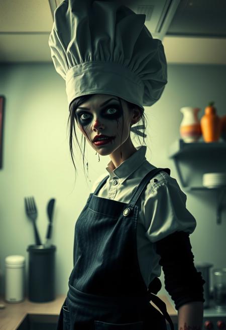 Goth zombie girl, tall, bending, hitting the ceiling, chef on the kitchen , very earie and calm expression, close eyes,  tar coming out of the eyes, apron and tall chef's hat, retro horror style, UHD, head tilt, creepily watching into your soul