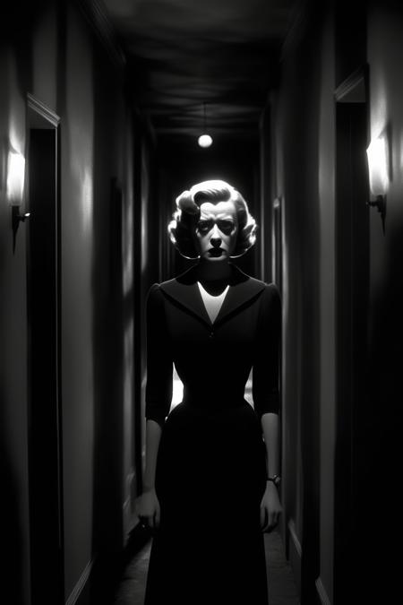 <lora:Director David Lynch style:1>Director David Lynch style - in a scene from a classic film noir starring she steps cautiously down a dimly lit corridor, the flickering lights cast eerie shadows. closeup shot, extreme-angle, Movie still, in the style of neo-pop sensibilities, contrast between light and shadows, evocative, foreboding, mystery, haunted, vintage film noir, stark contrast, decaying grandeur, dramatic lighting