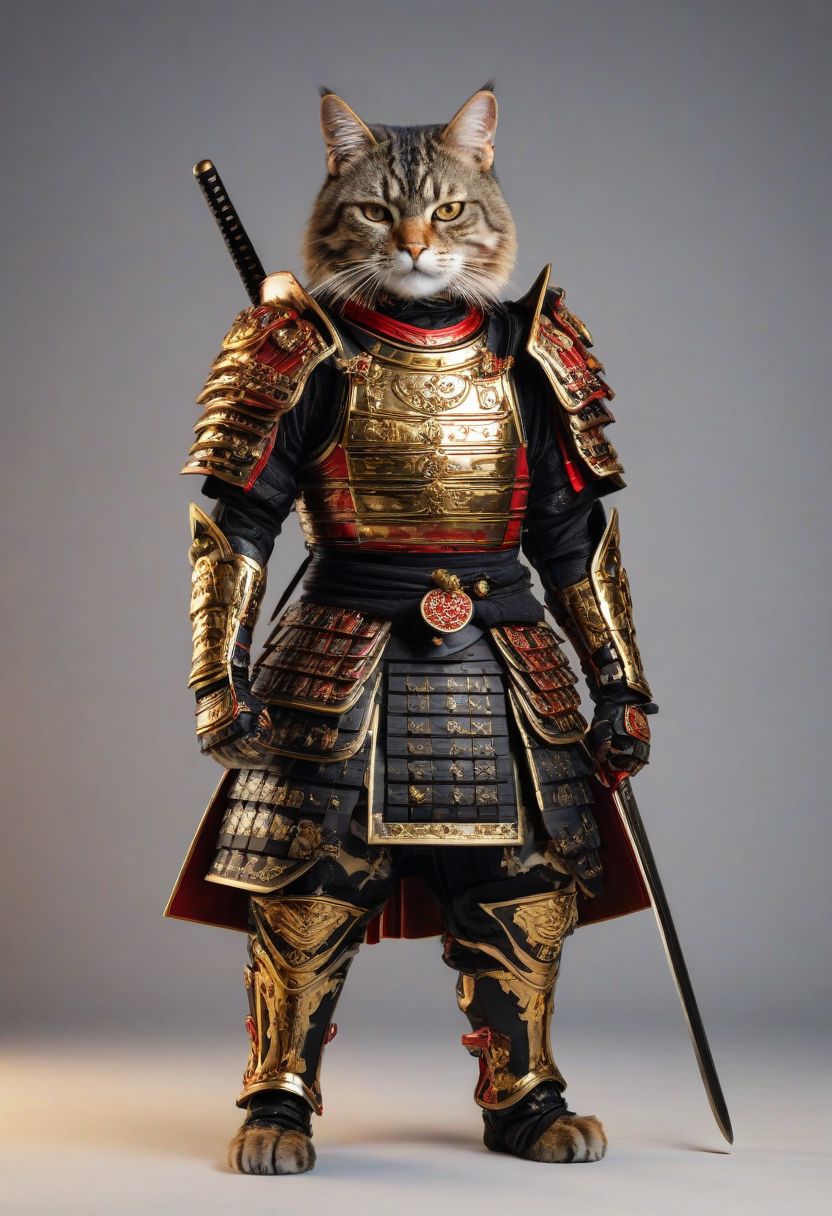 Realistic full body  photo cat head samurai armour standing, red and gold , in Japanese style,  ,extremely realistic,  samurai focus, super detailed, realistic neon lights,