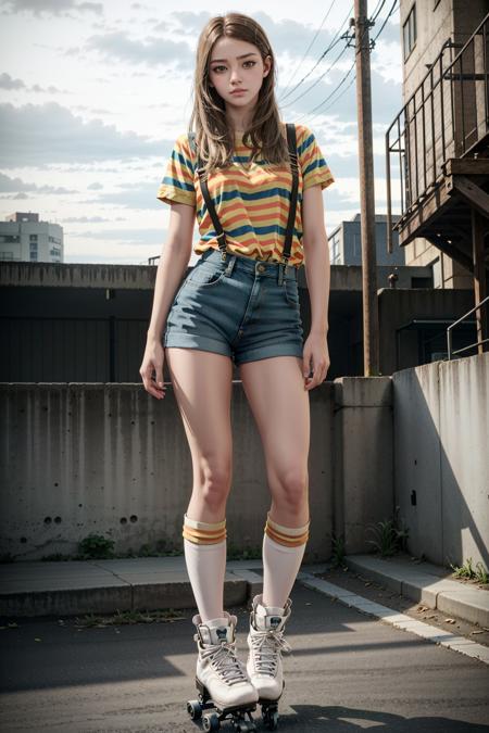 RoseRE, 1girl, solo, shorts, socks, long hair, denim, striped, brown hair, shirt, suspenders, full body, denim shorts, sneakers, striped shirt, fashion, standing, skates, short shorts, brown eyes, shoes
<lora:epi_noiseoffset2:1>,  <lora:RoseRE:0.7>