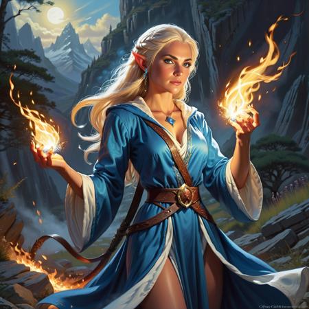 (a female elf sorceress wizard), pointy ears, (casting magic fire sparks), {white blue robes}, advanced dungeons and dragons, (spectacular landscape background), highly detailed, 4K, 8K, <lora:k3nk3lly:0.2> <lora:bmbploraxl6:0.2>  <lora:Elf_Ears:0.2>