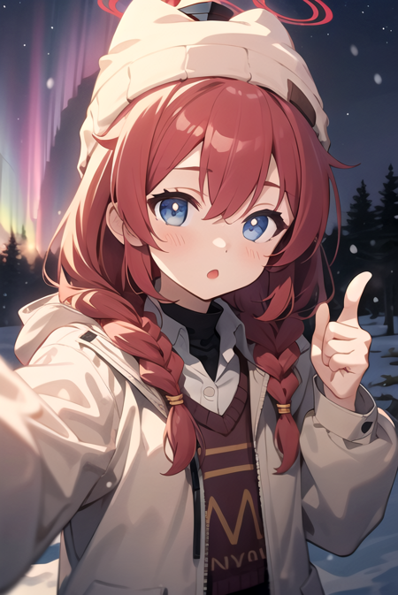 camp maki, twin braids, beanie, jacket, sweater, collared shirt, shorts, pantyhose, halo