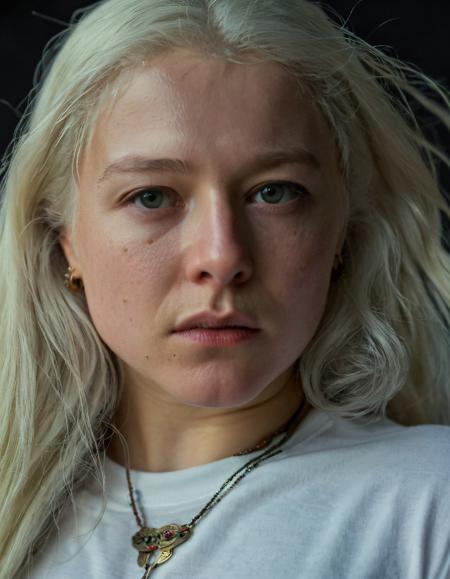 super high resolution intimate photo (extreme close-up) (from below) of rha3nyra looking at camera,she has a long white hair falling behind her back,she is wearing a white t-shirt and taking a selfie,super detailed background,depth of field,(sweaty skin:1.2),volumetric lighting,during daylight,(surreal dramatic lighting shadow),natural lighting