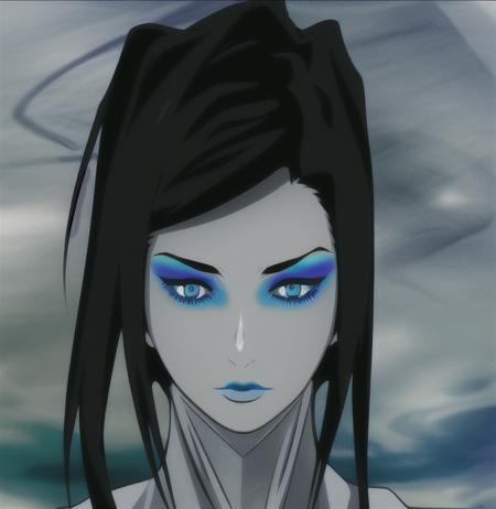 1girl, black hair, 1boy, blue eyes, makeup,  blue eyeshadow, fog, long hair, short hair