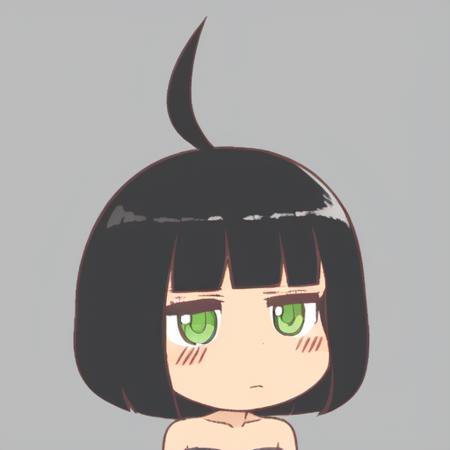 <lora:Ikiyouz-NAI-LyCORIS-512px:0.6>
1girl, solo, simple_background, chibi,  (black)(medium)(Bob cut) hair, green eyes, 
Calm, Easygoing expression