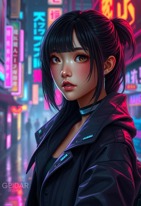 A portrait of a cyberpunk asian girl character in a neon-lit urban environment . The scene is detailed and realistic, emphasizing the futuristic, cyberpunk  aesthetic. The setting is immersive, with intricate details like holographic displays