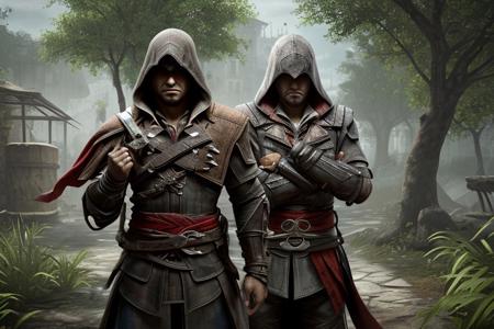 masterpiece,hd quality,8k,super quality,highly detailed,ASSASSINS CREED EZIO AUDITORE in dark detroit jungle , holding a sign "IM DIVYANSH VERMA,A 3D GENERALIST,PLEASE, I NEED MORE FOLLOWERS AS AN 3D ARTIST,..."