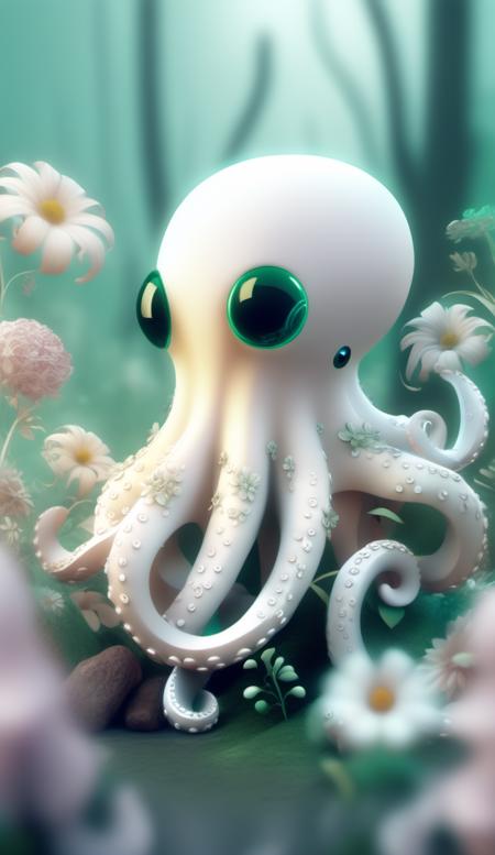 a white octopus sitting in the woods with a lot of flowers, in the style of rendered in cinema4d, elaborate costumes, furry art, mist, light emerald, angura kei, delicate brushwork