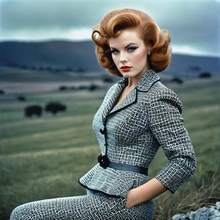 A 1966 War photo of Heavyset body Strawberry blonde hair A retro beauty with cascading pin curls, cat-eye liner, full pouty lips, and hourglass curves, wearing Vermilion Printed pants and Charcoal Peplum Jacket, Stone labyrinth under a stormy sky