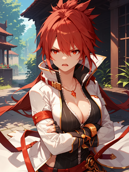 BlazingHeart, red hair, red eyes, long ponytail white coat, cleavage, gloves, asymmetrical clothes, single pantsleg