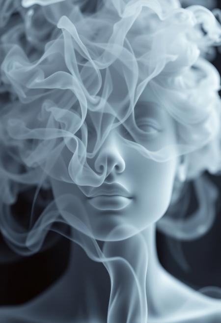 close up shot, The image features a smoke-like representation close up shot of a beautiful woman, which appears to be a white and gray woman. The smoke is billowing upwards, creating a visually striking and artistic effect. The smoke is so dense and well-formed that it resembles the shape of a beautiful goddess, making it an interesting and unique sight. This artistic representation of a goddess using smoke adds a creative and captivating element to the scene. hyper realistic, translucent,
